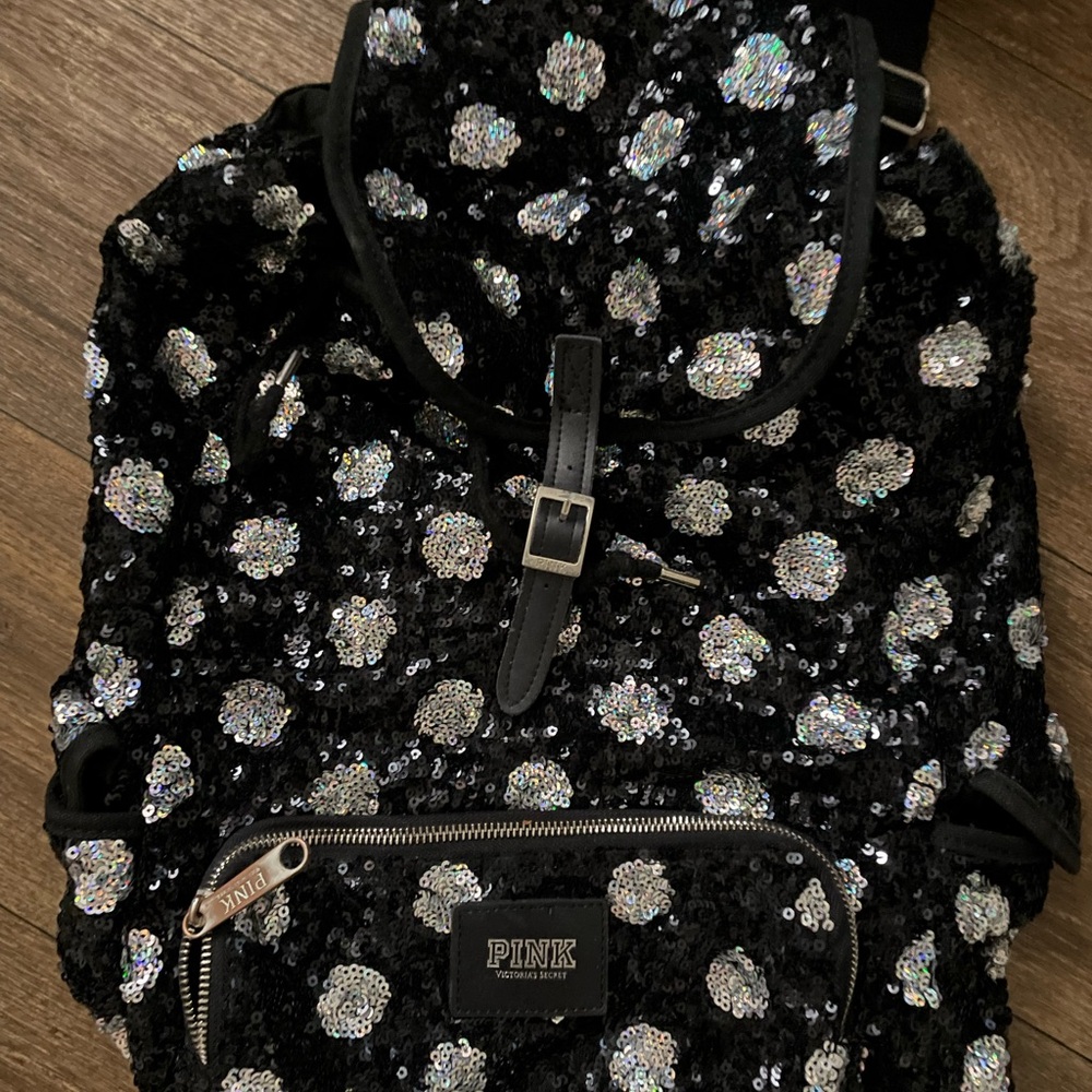 PINK Victoria's Secret Black and Silver Backpack with Metallic Accents